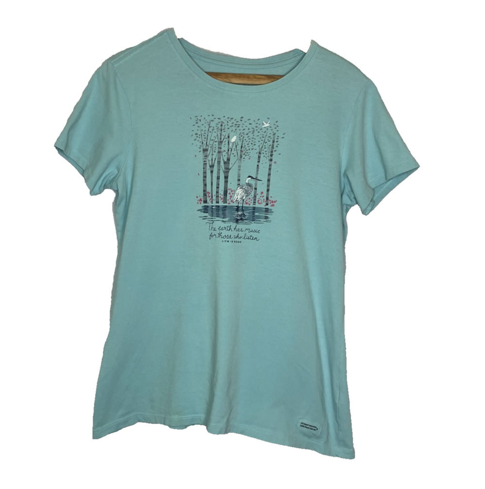 Women's Medium Life is Good Earth Graphic Crusher Short Sleeve Teal Blue Tee